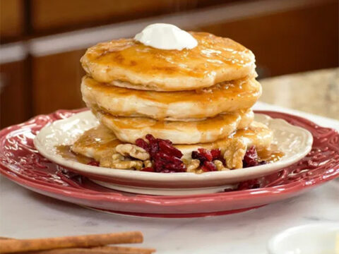 Apple Cinnamon Pancakes with Warmed Cider Sauce