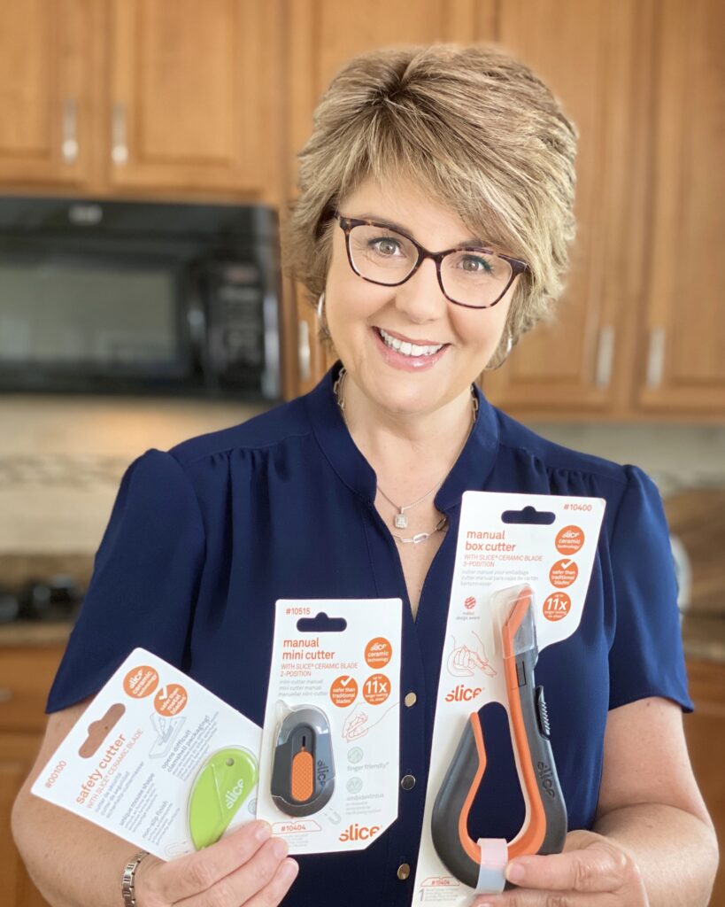 jill bauer with slice cutters that make opening packaging so easy.